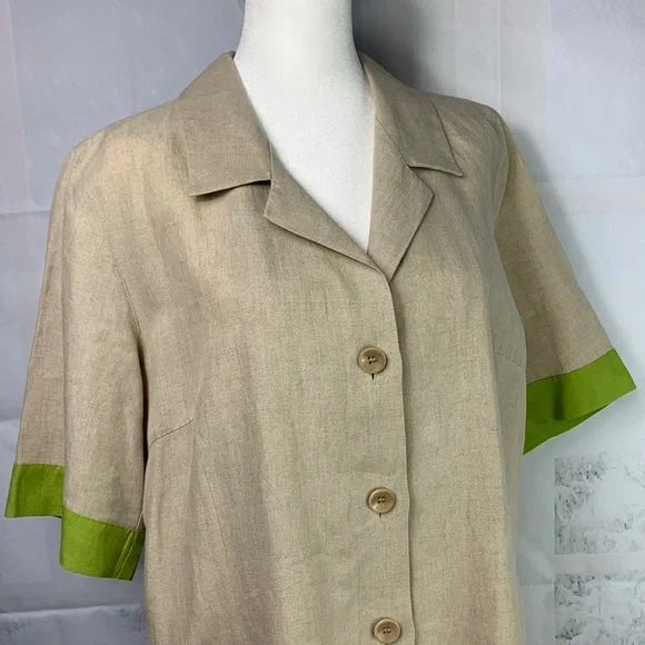 Marina Rinaldi Puro Lino Linen Green Contrast Trim Side Slit Button Midi Dress - Picture 12 of 15